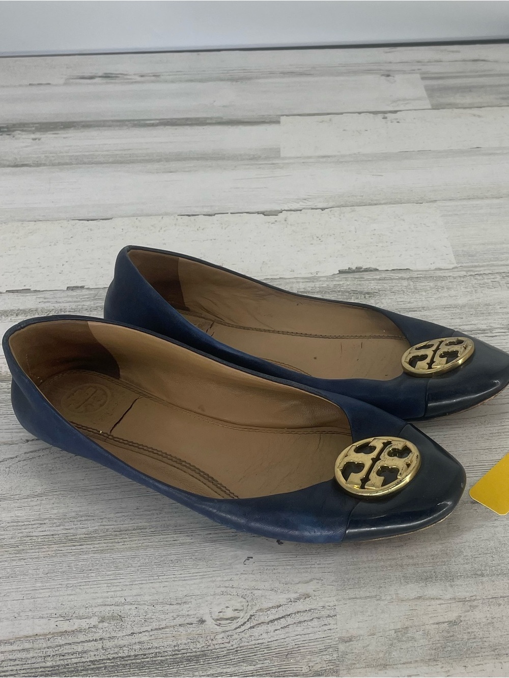 Tory Burch Chelsea Cap Toe Ballet Flats Navy Leather Size 7.5 Gold Logo